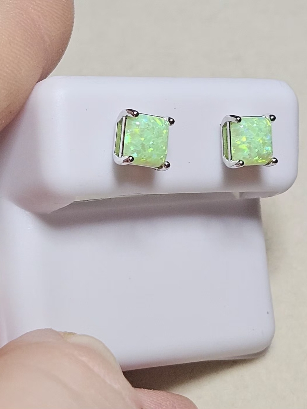 Green Natural Opal Square Stud Earrings - 925 Sterling Silver - Picture 4 of 11